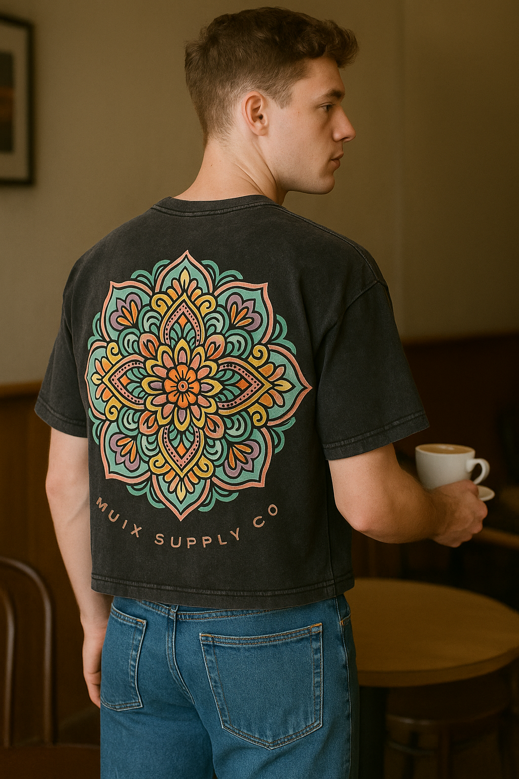"I am Popular"- Mandala Print Acid Wash Cotton T-Shirt